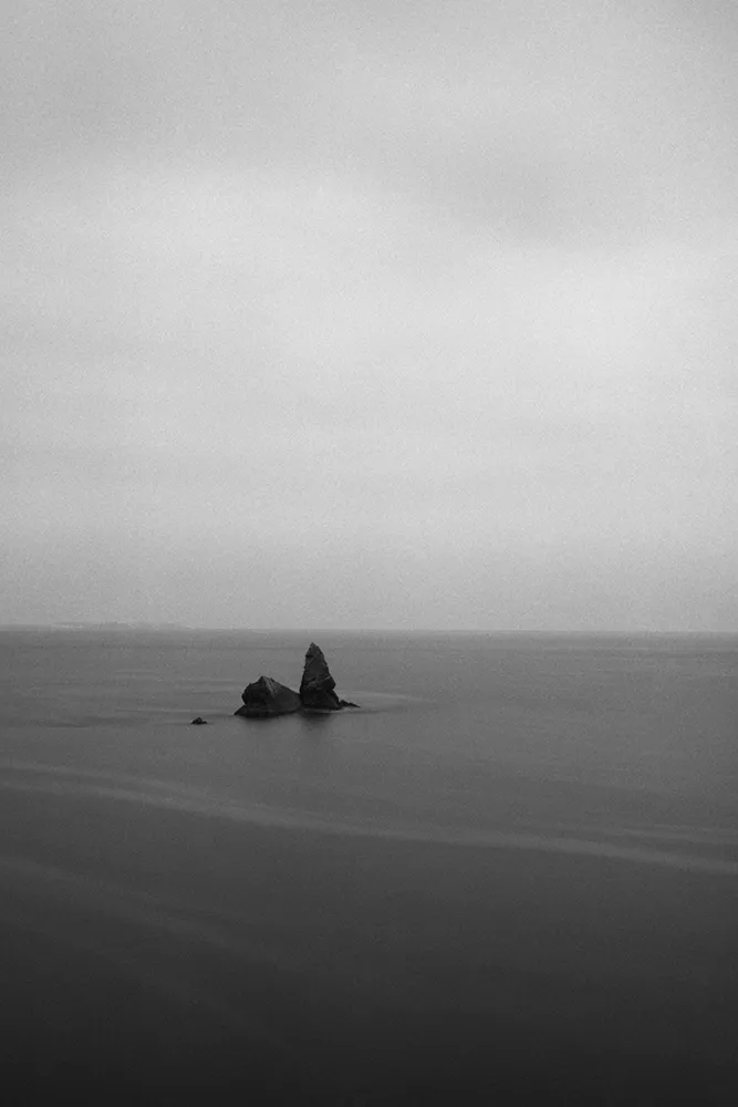 Black and white image of an island in the sea