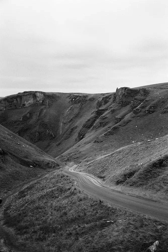 Black and white image of a valley
