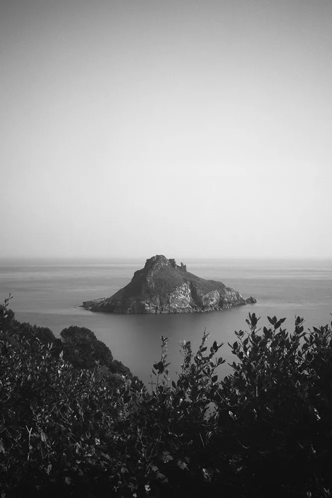 Black and white image of an island from Hope's Nose